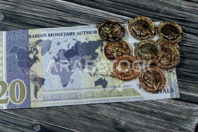 20 SAR twenty Saudi Arabia Riyals banknote currency bill money Commemorative issue with sovereign British gold coins shapes bullion coin features Geor