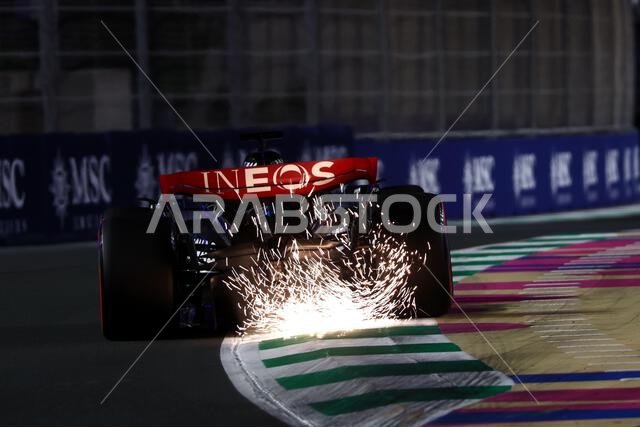 Jeddah, Saudi Arabia. 18th Mar, 2023. George Russell (GBR) Mercedes AMG F1 W14 sends sparks flying. Formula 1 World Championship, Rd 2, Saudi Arabian Grand Prix, Saturday 18th March 2023. Jeddah, Saudi Arabia. Credit: James Moy/Alamy Live News