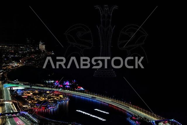 جدة، المملكة العربية السعودية. ١٩ مارس ٢٠٢٣. أجواء حلبة السباق - عرض ضوئي بطائرة بدون طيار. بطولة العالم للفورمولا ١، الجولة الثانية، جائزة السعودية الكبرى، الأحد ١٩ مارس ٢٠٢٣. جدة، المملكة العربية السعودية. حقوق الصورة: جيمس موي/ألامي لايف نيوز