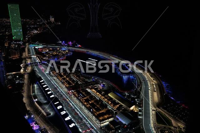 Jeddah, Saudi Arabia. 19th Mar, 2023. Circuit atmosphere - drone light display. Formula 1 World Championship, Rd 2, Saudi Arabian Grand Prix, Sunday 19th March 2023. Jeddah, Saudi Arabia. Credit: James Moy/Alamy Live News