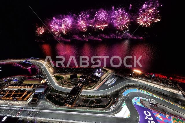 Jeddah, Saudi Arabia. 19th Mar, 2023. Circuit atmosphere - fireworks at the end of the race. Formula 1 World Championship, Rd 2, Saudi Arabian Grand Prix, Sunday 19th March 2023. Jeddah, Saudi Arabia. Credit: James Moy/Alamy Live News