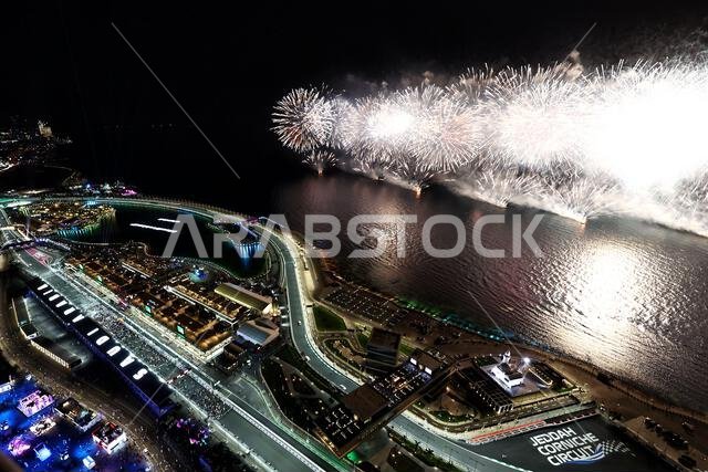 Jeddah, Saudi Arabia. 19th Mar, 2023. Circuit atmosphere - fireworks at the end of the race. Formula 1 World Championship, Rd 2, Saudi Arabian Grand Prix, Sunday 19th March 2023. Jeddah, Saudi Arabia. Credit: James Moy/Alamy Live News