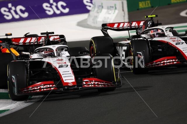 Jeddah, Saudi Arabia. 19th Mar, 2023. Kevin Magnussen (DEN) Haas VF-23 and Nico Hulkenberg (GER) Haas VF-23 battle for position. 19.03.2023. Formula 1 World Championship, Rd 2, Saudi Arabian Grand Prix, Jeddah, Saudi Arabia, Race Day. Photo credit should read: XPB/Press Association Images. Credit: XPB Images Ltd/Alamy Live News