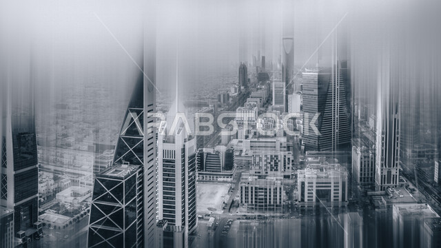 صورة ابداعية لمركز الملك عبدالله المالي ( كافد ) في الرياض بالمملكة العربية السعودية، الأبراج وناطحات السحاب، معالم الرياض المشهورة، الفن الهندسي المعماري بالسعودية، السياحة في السعودية، صورة بالأبيض والأسود