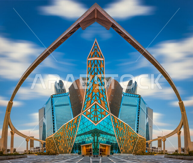 A creative image of a distinctive design for the King Abdullah Financial District (CAFD) in Riyadh, Saudi Arabia, towers and skyscrapers, famous Riyadh landmarks, architecture in Saudi Arabia, tourism in Saudi Arabia