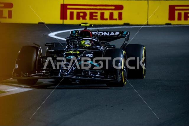 Jeddah, Saudi Arabia, March 17, Lewis Hamilton, from the United Kingdom competes for Mercedes F1. Practice, round 2 of the 2023 Formula 1 championship. Credit: Michael Potts/Alamy Live News