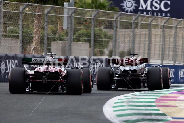 Jeddah, Saudi Arabia. 18th Mar, 2023. George Russell (GBR) Mercedes AMG F1 W14 and Valtteri Bottas (FIN) Alfa Romeo F1 Team C43. 18.03.2023. Formula 1 World Championship, Rd 2, Saudi Arabian Grand Prix, Jeddah, Saudi Arabia, Qualifying Day. Photo credit should read: XPB/Press Association Images. Credit: XPB Images Ltd/Alamy Live News