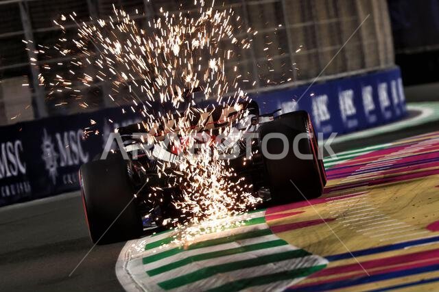 Jeddah, Saudi Arabia. 18th Mar, 2023. Kevin Magnussen (DEN) Haas VF-23 sends sparks flying. Formula 1 World Championship, Rd 2, Saudi Arabian Grand Prix, Saturday 18th March 2023. Jeddah, Saudi Arabia. Credit: James Moy/Alamy Live News