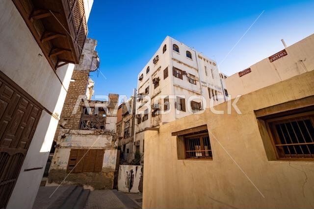 View of residential houses in a typical side street in the historic district Al Balad, Jeddah, KSA, Saudi Arabia