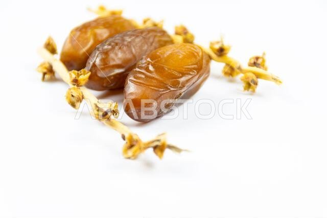 صورة مقرّبة لتمور جزائرية ملكية على خلفية بيضاء. مفهوم رمضان.