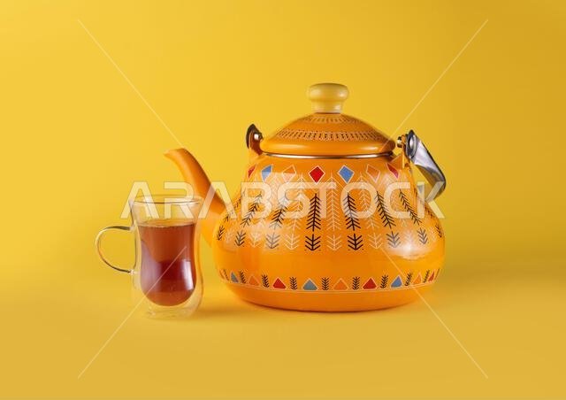 Iconic Arabian fabric is graced with symbols of Arabia, in particular Arabic tea and dates, they symbolise Arabian hospitality, ramadan set Traditiona