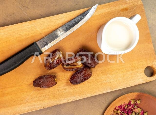 Milk Dates (Susu Kurma) made from milk and dates or palm fruits. Place for text. Copy space