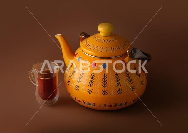 Iconic Arabian fabric is graced with symbols of Arabia, in particular Arabic tea and dates, they symbolise Arabian hospitality, ramadan set Traditiona