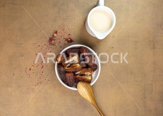 Milk Dates (Susu Kurma) made from milk and dates or palm fruits. Place for text. Copy space