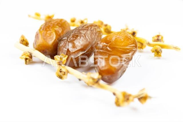 Close-up of Algerian royal dates on a white background. Ramadan concept. Close-up of Algerian royal dates on a white background. Ramadan concept.