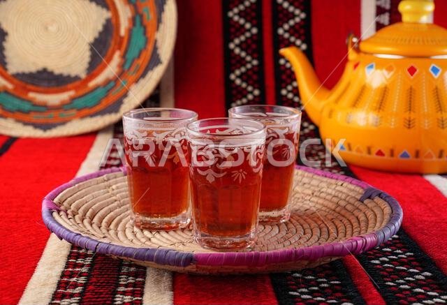 Iconic Arabian fabric is graced with symbols of Arabia, in particular Arabic tea and dates, they symbolise Arabian hospitality, ramadan set Traditiona