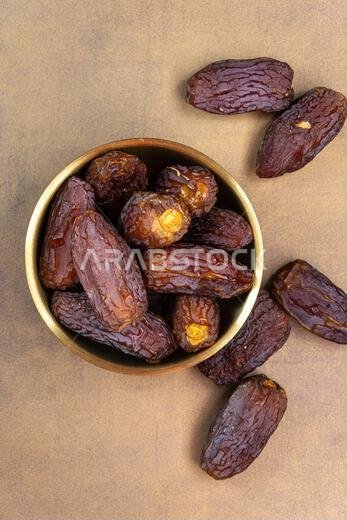 Raw Organic Medjool Dates (Kurma in Indonesia). It's also Ramadan "Iftar". Ramadan Kareem. Top View. Place for text.