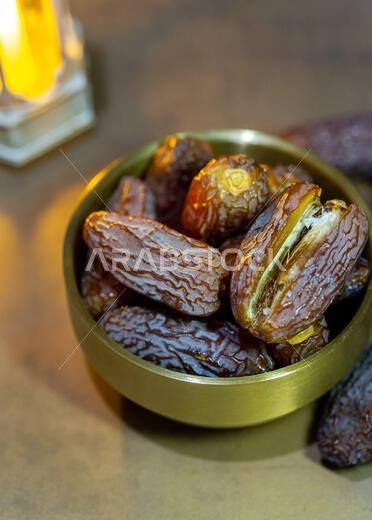 Raw Organic Medjool Dates (Kurma in Indonesia). It's also Ramadan "Iftar". Ramadan Kareem. Top View. Place for text.
