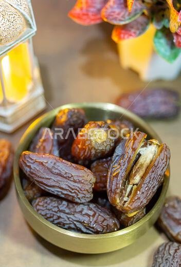 Raw Organic Medjool Dates (Kurma in Indonesia). It's also Ramadan "Iftar". Ramadan Kareem. Top View. Place for text.