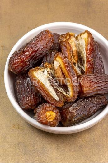 Raw Organic Medjool Dates (Kurma in Indonesia). It's also Ramadan "Iftar". Ramadan Kareem. Top View. Place for text.