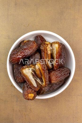 Raw Organic Medjool Dates (Kurma in Indonesia). It's also Ramadan "Iftar". Ramadan Kareem. Top View. Place for text.