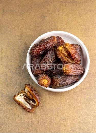 Raw Organic Medjool Dates (Kurma in Indonesia). It's also Ramadan "Iftar". Ramadan Kareem. Top View. Place for text.