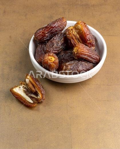 Raw Organic Medjool Dates (Kurma in Indonesia). It's also Ramadan "Iftar". Ramadan Kareem. Top View. Place for text.