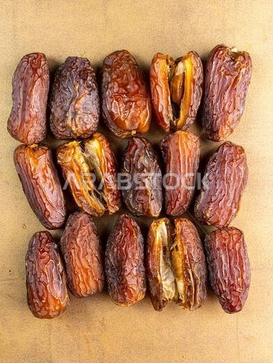 Raw Organic Medjool Dates (Kurma in Indonesia). It's also Ramadan "Iftar". Ramadan Kareem. Top View. Place for text.