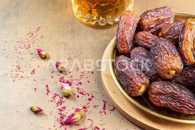Raw Organic Medjool Dates (Kurma in Indonesia). It's also Ramadan "Iftar". Ramadan Kareem. Top View. Place for text.