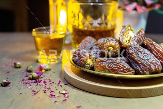 Raw Organic Medjool Dates (Kurma in Indonesia). It's also Ramadan "Iftar". Ramadan Kareem. Top View. Place for text.