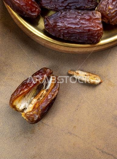Raw Organic Medjool Dates (Kurma in Indonesia). It's also Ramadan "Iftar". Ramadan Kareem. Top View. Place for text.