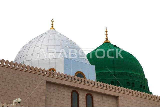 Medina / Saudi Arabia - 11 May 2017: Green Dome Close up - Prophet Mohammed Mosque , Al Masjid an Nabawi - Silver Medina / Saudi Arabia - 11 May 2017: Green Dome Close up - Prophet Mohammed Mosque , Al Masjid an Nabawi - Silver