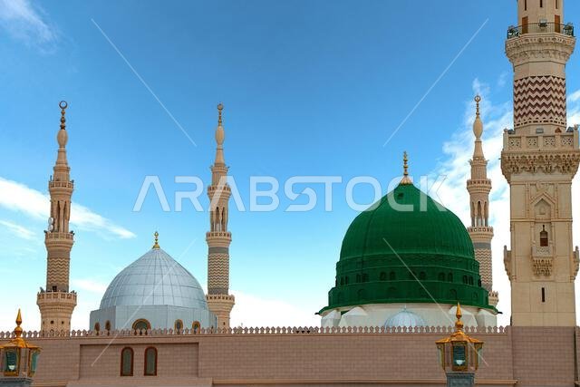 Medina , Saudi Arabia - 11 May 2017 : Green Dome Close up - Prophet Mohammed Mosque , Al Masjid an Nabawi Medina , Saudi Arabia - 11 May 2017 : Green Dome Close up - Prophet Mohammed Mosque , Al Masjid an Nabawi