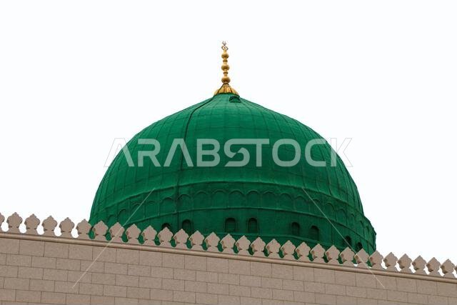 Medina / Saudi Arabia - 11 May 2017:  Green Dome Close up -  Prophet Mohammed Mosque , Al Masjid an Nabawi - Silver
