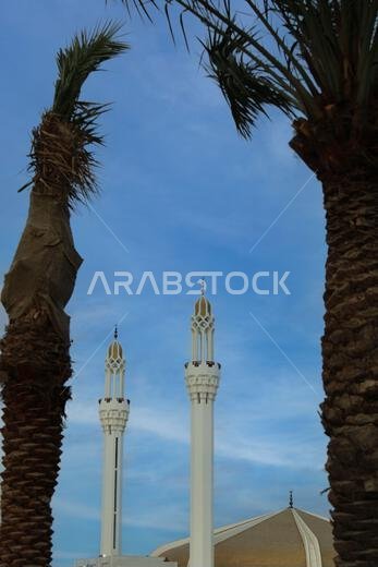 Beautiful front view of the entrance of Hassan En any Mosque at sunset in Jeddah, Saudi Arabia. Islamic architecture and culture.