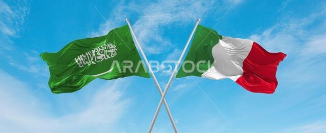 two crossed flags Italy and Saudi Arabia waving in wind at cloudy sky. Concept of relationship, dialog, travelling between two countries. 3d illustrat