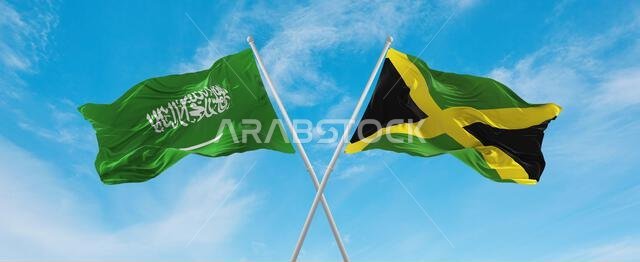 two crossed flags Jamaica and Saudi Arabia waving in wind at cloudy sky. Concept of relationship, dialog, travelling between two countries. 3d illustr