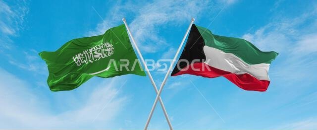two crossed flags Kuwait and Saudi Arabia waving in wind at cloudy sky. Concept of relationship, dialog, travelling between two countries. 3d illustra