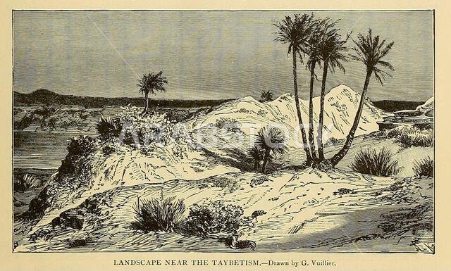 Landscape near the Taybetism Oasis in the Desert Saudi Arabia from Cyclopedia universal history : embracing the most complete and recent presentation of the subject in two principal parts or divisions of more than six thousand pages by John Clark Ridpath, 1840-1900 Publication date 1895 Publisher Boston : Balch Bros. Volume 6 History of Man and mankind