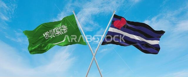 two crossed flags Leather, Latex and BDSM Pride and Saudi Arabia waving in wind at cloudy sky. Concept of relationship, dialog, travelling between two