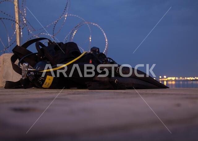 Dive gear is staged on the ground at Yanbu Commercial Port, Kingdom of Saudi Arabia, Aug. 3, 2022. The focus of Native Fury 22 is to execute a Maritime Prepositioning Force offload in a Western port of Saudi Arabia. MPF operations are the rapid deployment and assembly of a U.S. Marine Air Ground Task Force in a secure area using inter‐theater airlift and forward‐deployed maritime pre‐positioning ships. I MEF,KSA,MARCENT,NATIVEFURY22,Saudi Arabia,U.S. Marine Corps Forces Central Command,