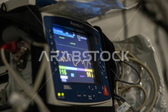 A cardiac monitor is staged during exercise Native Fury 22 at Yanbu Commercial Port, Kingdom of Saudi Arabia, Aug. 8, 2022. Native Fury 22 is a biennial exercise focused on the demonstration of the rapid offload and integration of a Maritime Pre-Positioned Force is the U.S. Central Command area of responsibility in support of regional security, crisis response, and contingency operations. IMEF,KSA,MARCENT,NATIVEFURY22,USCENTCOM,