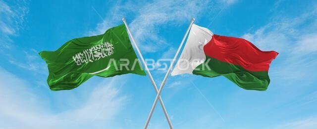 علمان متقاطعان لمدغشقر والسعودية يرفرفان في مهب الريح تحت سماء ملبدة بالغيوم. يرمزان إلى مفهوم العلاقة والحوار والسفر بين البلدين. رسم توضيحي ثلاثي الأبعاد