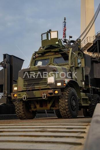 U.S. Marines with Combat Logistics Regiment 1, 1st Marine Logistic Group, offload a 7-ton Medium Tactical Vehicle Replacement during exercise Native Fury 22 at Yanbu Commercial Port, Kingdom of Saudi Arabia, Aug. 9, 2022. Exercise Native Fury 22 is vital for strengthening the United States' long-standing relationship with Saudi Arabian Armed Forces. The exercise enhances combined tactics, maritime capabilities and promotes long-term regional stability. IMEF,KSA,MARCENT,NATIVEFURY22,USCENTCOM,