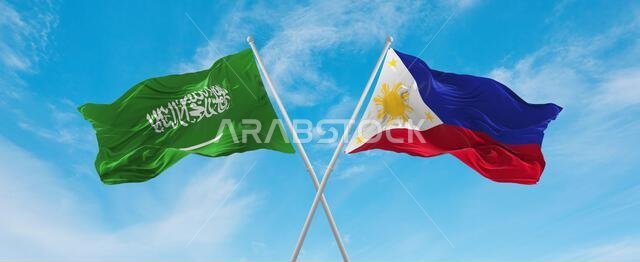 two crossed flags Philippines and Saudi Arabia waving in wind at cloudy sky. Concept of relationship, dialog, travelling between two countries. 3d ill