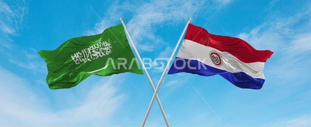 علمان متقاطعان، علم باراغواي وعلم السعودية، يرفرفان في مهب الريح تحت سماء ملبدة بالغيوم. يرمز هذا العمل الفني إلى مفهوم العلاقة والحوار والسفر بين البلدين. رسم ثلاثي الأبعاد.