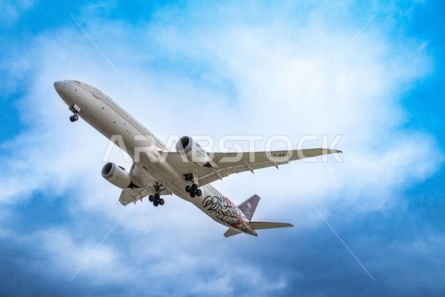Heathrow, London - February 20th 2023: Saudia Airlines Boeing 787 Landing London Heathrow Heathrow, London - February 20th 2023: Saudia Airlines Boeing 787 Landing London Heathrow