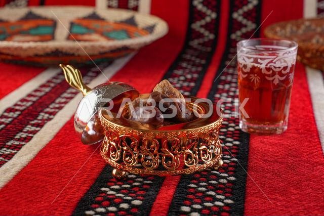 Iconic Arabian fabric is graced with symbols of Arabia, in particular Arabic tea and dates, they symbolise Arabian hospitality, ramadan set Traditiona