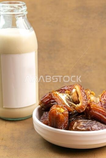 Milk Dates (Susu Kurma) made from milk and dates or palm fruits. Place for text. Copy space