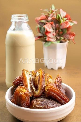 Milk Dates (Susu Kurma) made from milk and dates or palm fruits. Place for text. Copy space